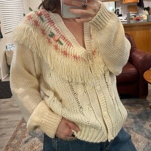 Cream Knit Sweater with Fringe Detail